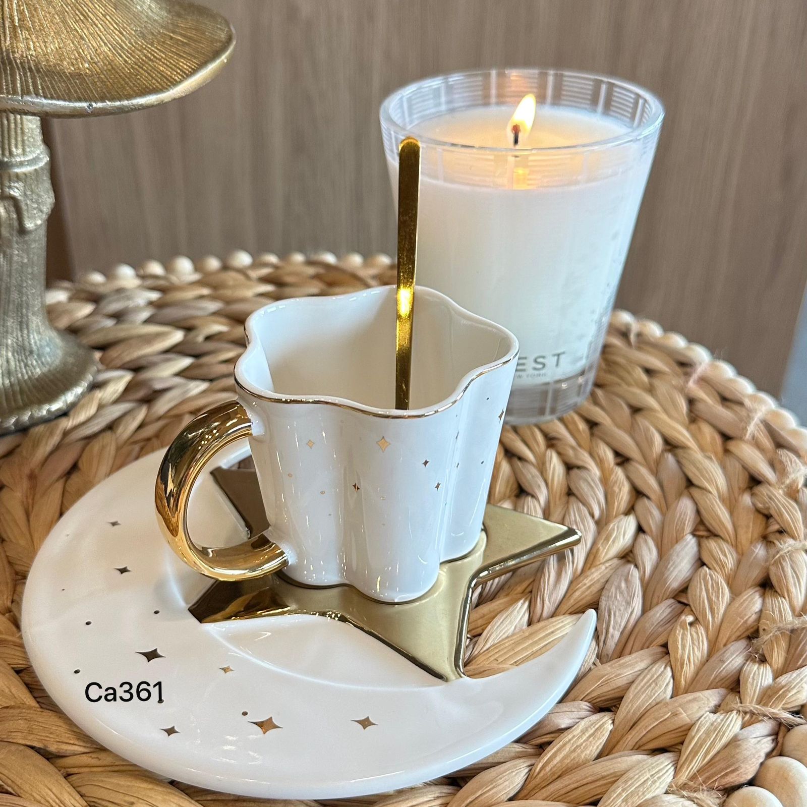Taza plato luna blanco detalles dorado 120ml